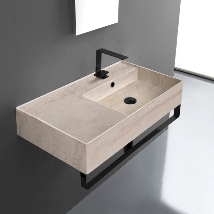 Scarabeo 5118-E-TB-BLK-One Hole Beige Travertine Design Ceramic Wall Mounted Sink With Matte Black Towel Bar